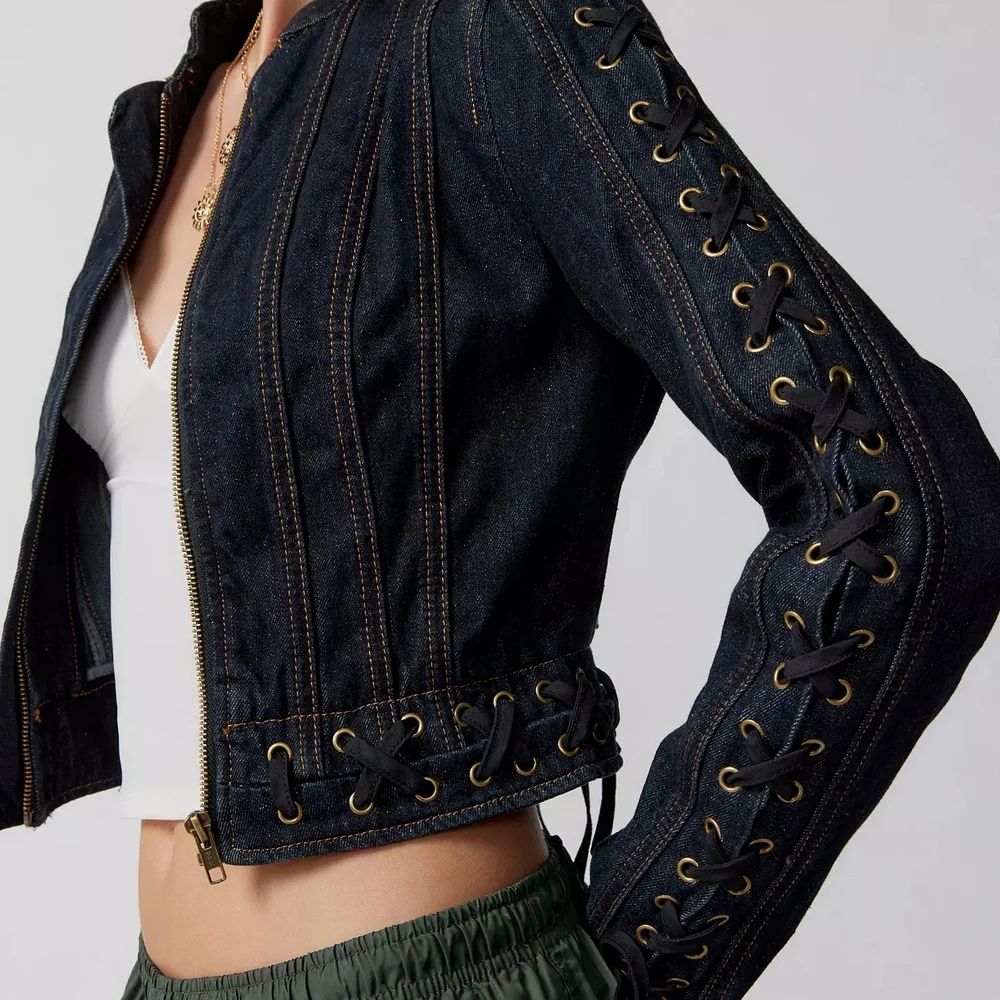 Lioness Dark Indigo Berlin Denim Crop Jacket with Lace-Up Accents Size L US 8 - Picture 5 of 14